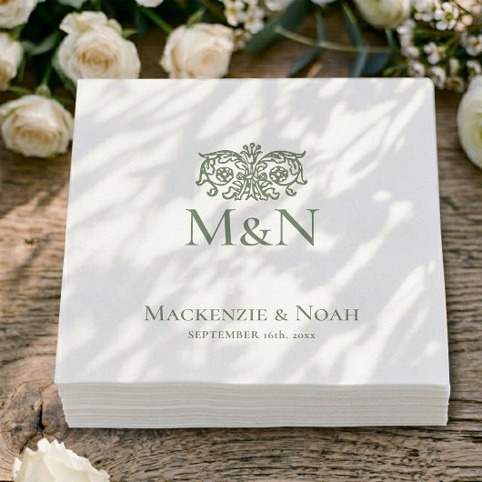 Monogramm Hochzeit Ornament Blumen Grün Papier Serviette