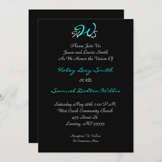 Monogramm Hochzeit Schwarz/Weiß Einladung (Vorne/Hinten)