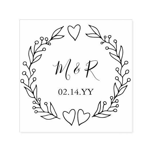 Monogramm Hochzeitdatum Doodle Botanischer Kranz Permastempel (Design)