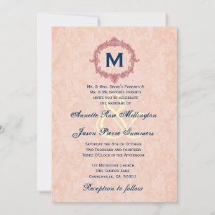Monogramm-Hochzeiten von Korallen und Vintagen Nav Einladung