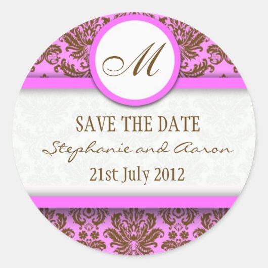 Monogramm-Hochzeitsaufkleber für braune und rosa D Runder Aufkleber (Vorderseite)