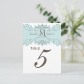 Monogramm-Hochzeitskarten mit blauem Swirl Postkarte (Stehend Vorderseite)