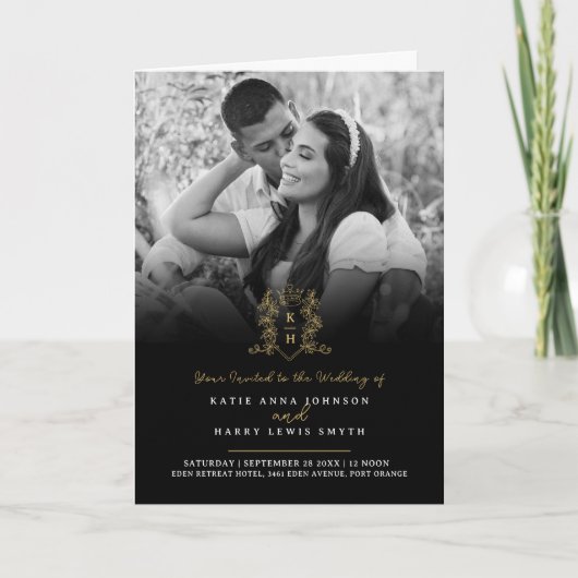 Monogramm Hochzeitsmahlzeit in Schwarzgoldkronen U Einladung (Vorderseite)