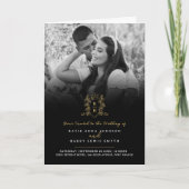 Monogramm Hochzeitsmahlzeit in Schwarzgoldkronen U Einladung (Vorderseite)