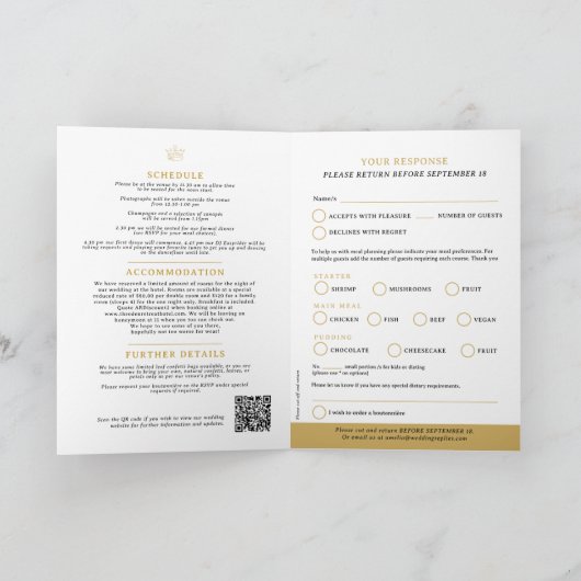 Monogramm Hochzeitsmahlzeit in Schwarzgoldkronen U Einladung (Innenseite)