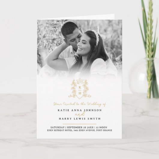 Monogramm Hochzeitsmahlzeit in Schwarzgoldkronen U Einladung (Vorderseite)