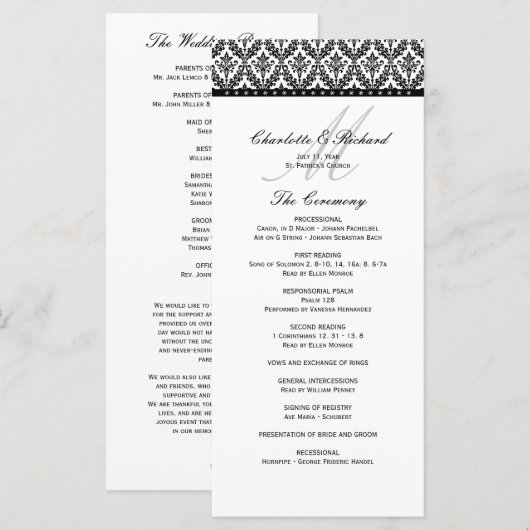 Monogramm-Hochzeitsprogramm für Schwarz-Weiß-Damas Programm (Vorne/Hinten)