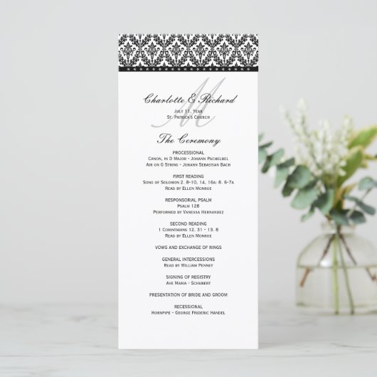 Monogramm-Hochzeitsprogramm für Schwarz-Weiß-Damas Programm (Stehend Vorderseite)