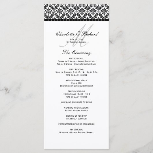 Monogramm-Hochzeitsprogramm für Schwarz-Weiß-Damas Programm (Vorderseite)