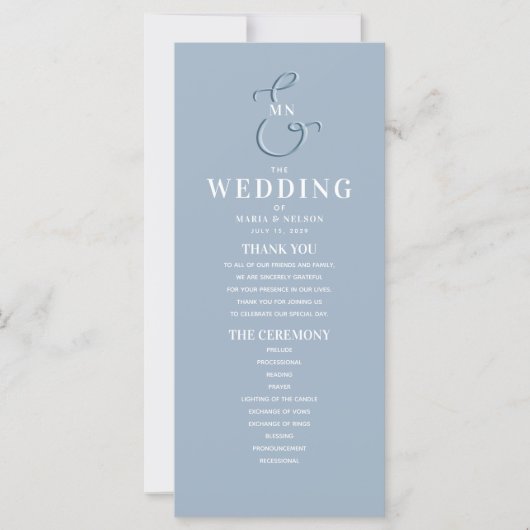 Monogramm Hochzeitsprogramm in Staubblau (Vorderseite)