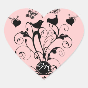 Monogramm-Hochzeitsvögel Herzen Wirbel Herz-Aufkleber
