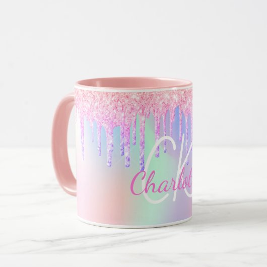 Monogramm holografischer Einhorn-Glitzer-Regenboge Tasse (Vorderseite Links)