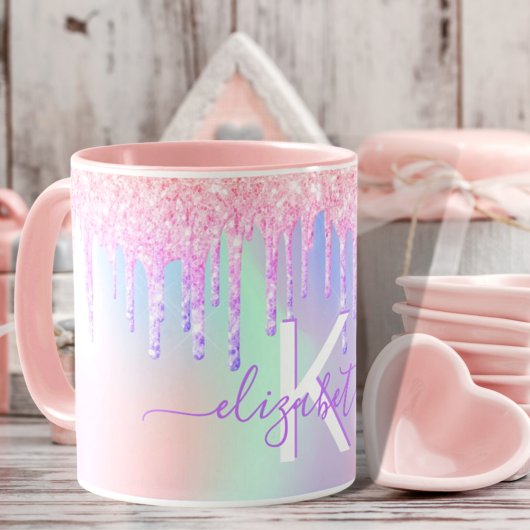 Monogramm holografischer Einhorn-Glitzer-Regenboge Tasse