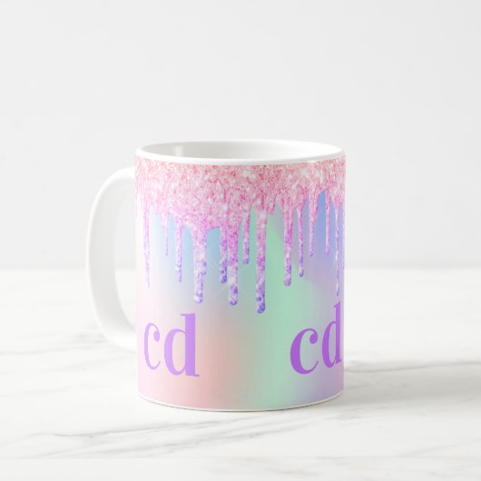 Monogramm holografischer Einhorn-Glitzer Tropfen R Kaffeetasse (Vorderseite Links)