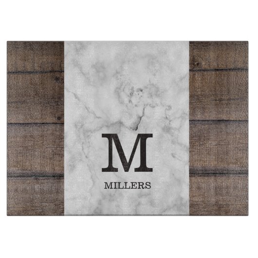 Monogramm Holz und Marmor mit personalisiertem Fam Schneidebrett (Vorderseite)
