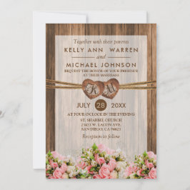 Monogramm Holzherzen mit rosa und weißen Rosen Einladung