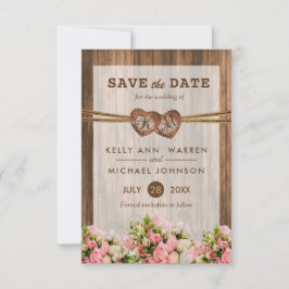 Monogramm Holzherzen mit rosa und weißen Rosen Save The Date