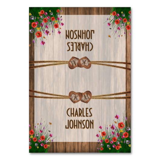 Monogramm Holzherzen mit Wildblume - Platzkarten Tischnummer (Vorderseite)