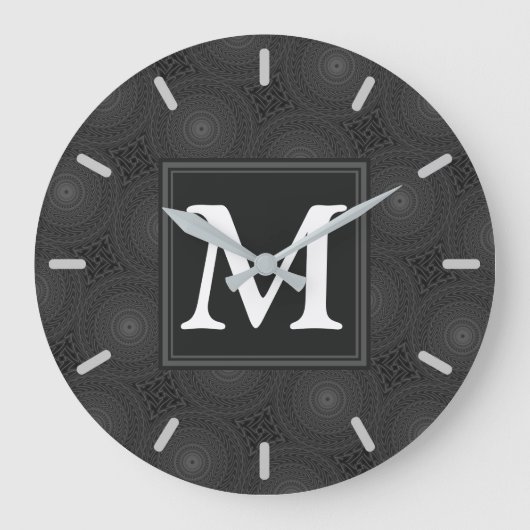 Monogramm-Holzkohlekreismuster Große Wanduhr (Vorderseite)