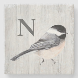 Monogramm Holzoptik Wasserfarbe Vogel Steinuntersetzer
