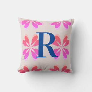 Monogramm Hot Pink Bright Orange Retro Blume Kissen