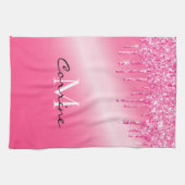 Monogramm Hot Pink Drilling Glitzer Metallic Waffe Geschirrtuch (Horizontal)