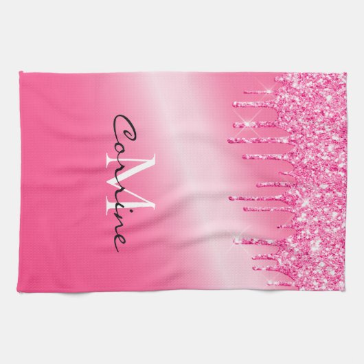 Monogramm Hot Pink Drilling Glitzer Metallic Waffe Geschirrtuch (Horizontal)