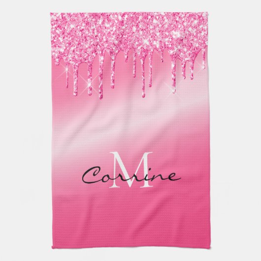 Monogramm Hot Pink Drilling Glitzer Metallic Waffe Geschirrtuch (Vertikal)