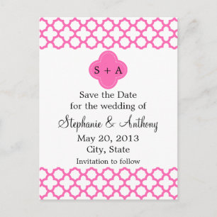 Monogramm Hot-Pink-Quatrefolie Save the Date Ankündigungspostkarte