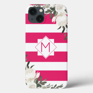Monogramm Hot Pink Streifen Floral mit weißen Rose Case-Mate iPhone Hülle