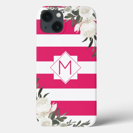 Monogramm Hot Pink Streifen Floral mit weißen Rose Case-Mate iPhone Hülle (Rückseite)