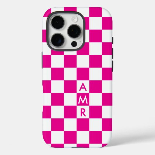 Monogramm Hot Pink White Checked Muster Case-Mate iPhone Hülle (Rückseite)