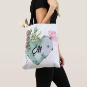 Monogramm Hübsche Aquarellfarben Blume Grün Tasche (Von Nahem)
