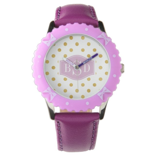 Monogramm hübsche Pollenmuster aus Gold und Weiß Armbanduhr (Vorderseite)