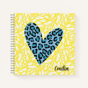 Monogramm hübscher Leopard Herz Blau Gelb süß Notizblock