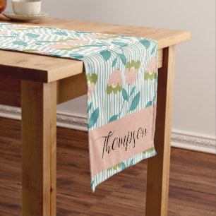 Monogramm Hübsches Retro botanisch mit Streifen bl Kurzer Tischläufer