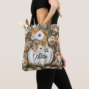 Monogramm hübsches vintage Blumenmuster mit Kürbis Tasche