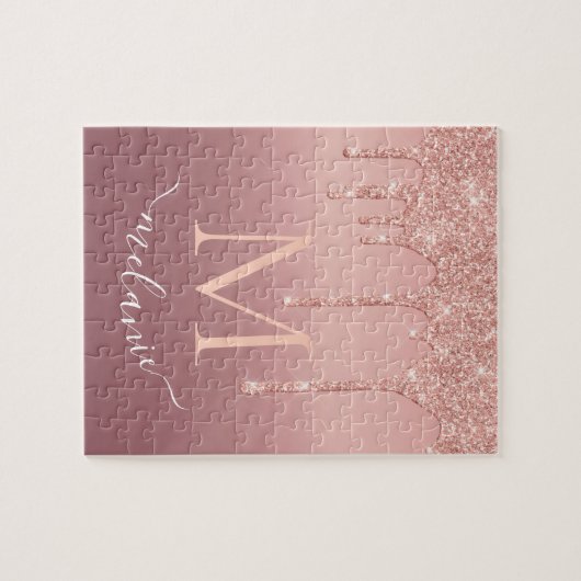 Monogramm Ihr Name Text Rose Gold Glitzer Puzzle (Horizontal)