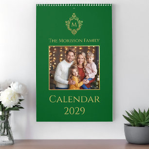 Monogramm im Familienwappen Grün Gold Elegant Foto Kalender