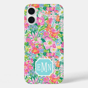 Monogramm im rosa Blumen Garten iPhone 16 Plus Hülle