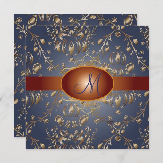 Monogramm-Imitat Kupferdämpfer/Marineblau Einladung (Vorne/Hinten)