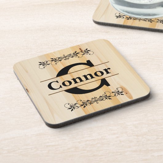 Monogramm Imitate Butcher Block Natural Wood Look Untersetzer (Linke Seite)