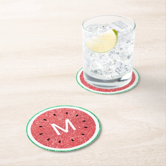 Monogramm Imitate Glitzer Wassermelone Runder Pappuntersetzer (Vor Ort)