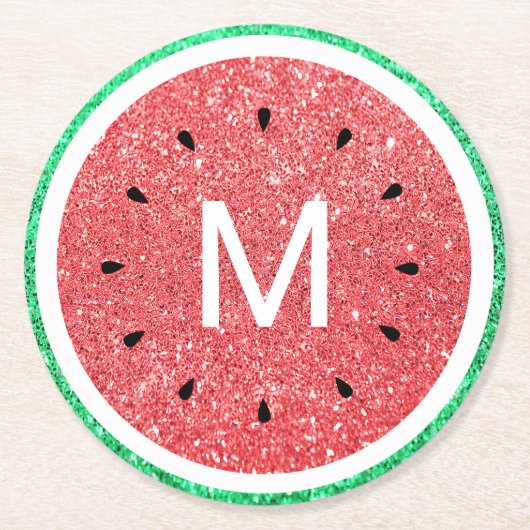 Monogramm Imitate Glitzer Wassermelone Runder Pappuntersetzer (Vorderseite)