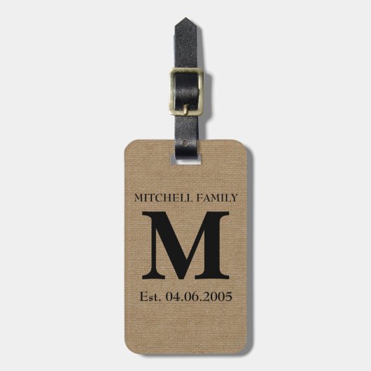 Monogramm-Imitatleinenleinwand rustikaler Gepäckanhänger (Vorderseite vertikal)