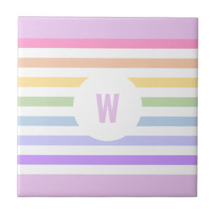 Monogramm in der weiß-Circle-Pastel-Rainbow-Streif Fliese