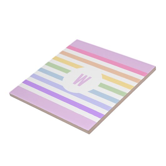 Monogramm in der weiß-Circle-Pastel-Rainbow-Streif Fliese (Seite)