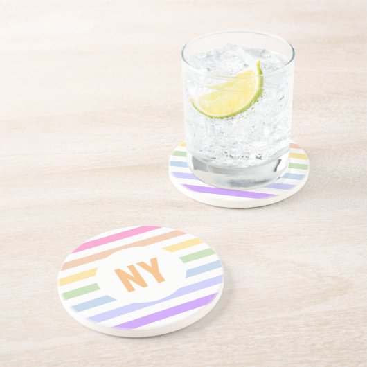 Monogramm in der weiß-Circle-Pastel-Rainbow-Streif Getränkeuntersetzer (Seite)