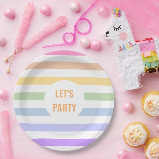 Monogramm in der weiß-Circle-Pastel-Rainbow-Streif Pappteller (Party)