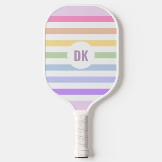 Monogramm in der weiß-Circle-Pastel-Rainbow-Streif Pickleball Schläger (Vorderseite)